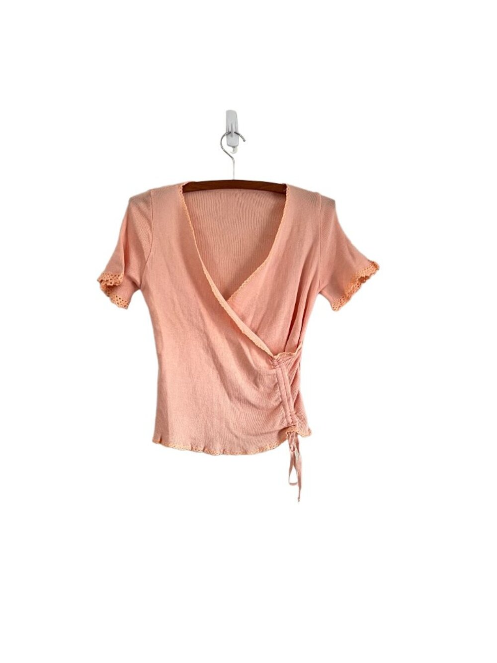 Womens Pink Cottage Core 90s Crochet Trim Faux Wrap Ruched Side Top Size Small